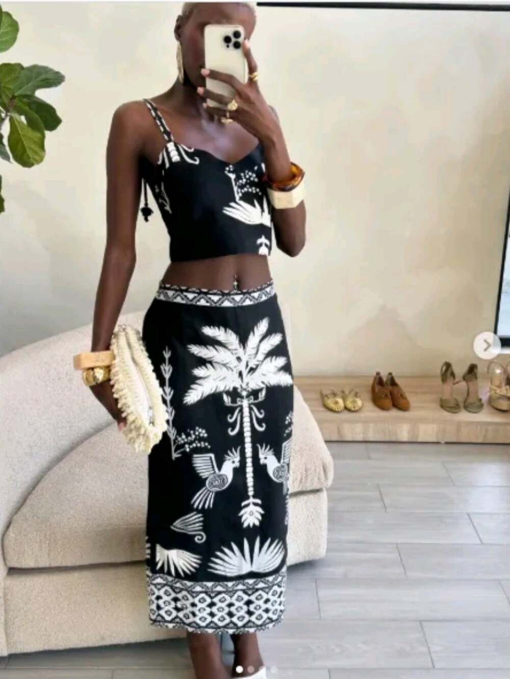 Rachel Zoe Black & White Palm Print Midi Skirt